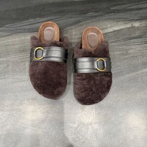 SEE BY CHLOE NEW NEVER WORN Suede Shearling Slide Mules with Leather Strap